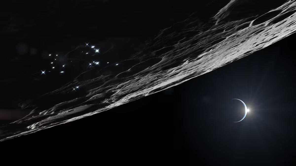 Artist's rendering of the lunar South Pole at night, with cratered terrain in shadow and faint lights on the surface depicting future Moon Base infrastructure
