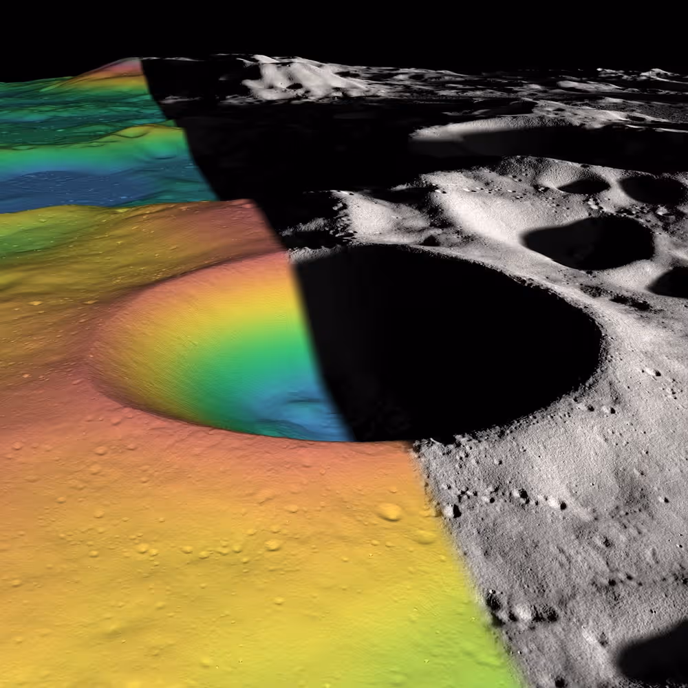 Composite image of Shackleton Crater showing one half in grayscale imagery and the other half overlaid with color-coded elevation data illustrating changes in terrain height