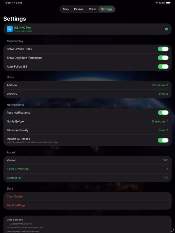 ISSINFO on iPad — settings